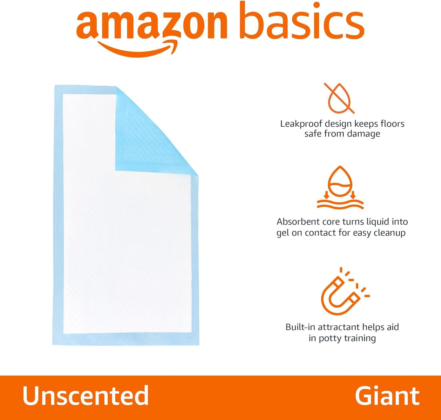 Amazon Basics Absorbent Dog and Puppy Pee Pads with 5-Layer Leak-Proof Design and Quick-Dry Surface for Potty Training, Heavy Duty Absorbency, Giant, 27.5 x 44 Inch - Pack of 30, Blue & White