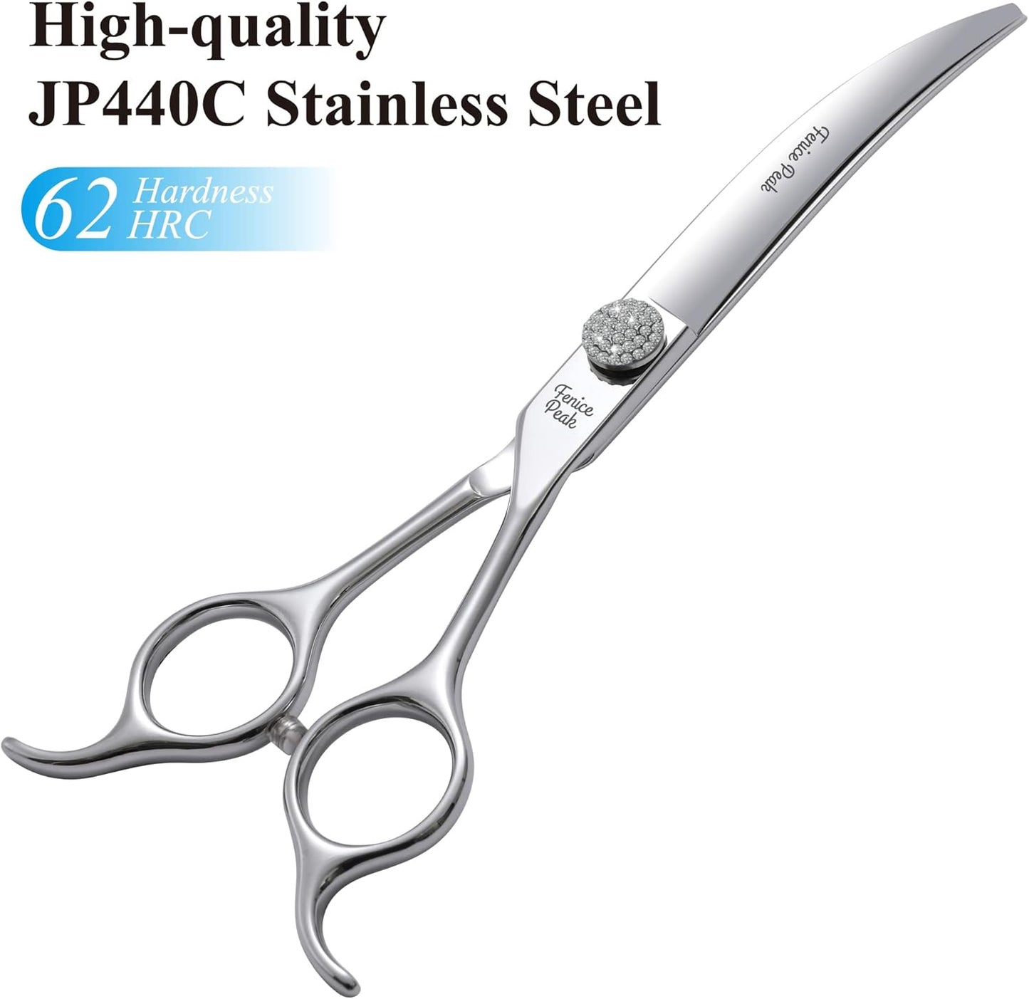 Fenice Peak 7.5‘’ Super Curved Dog Grooming Scissors with Jewelled Screw 440C Stainless Steel Pet Grooming Bending Scissors with Symmetrical Handle for Groomer and Home User