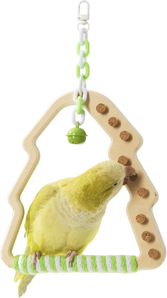 Natural Bird Swing - Moon-Shaped Parrot Perch with Bell and Cork Toys, Spinning Wooden Stand for Parakeets, Budgies, Lovebirds and Small/Medium Birds (White + Green)