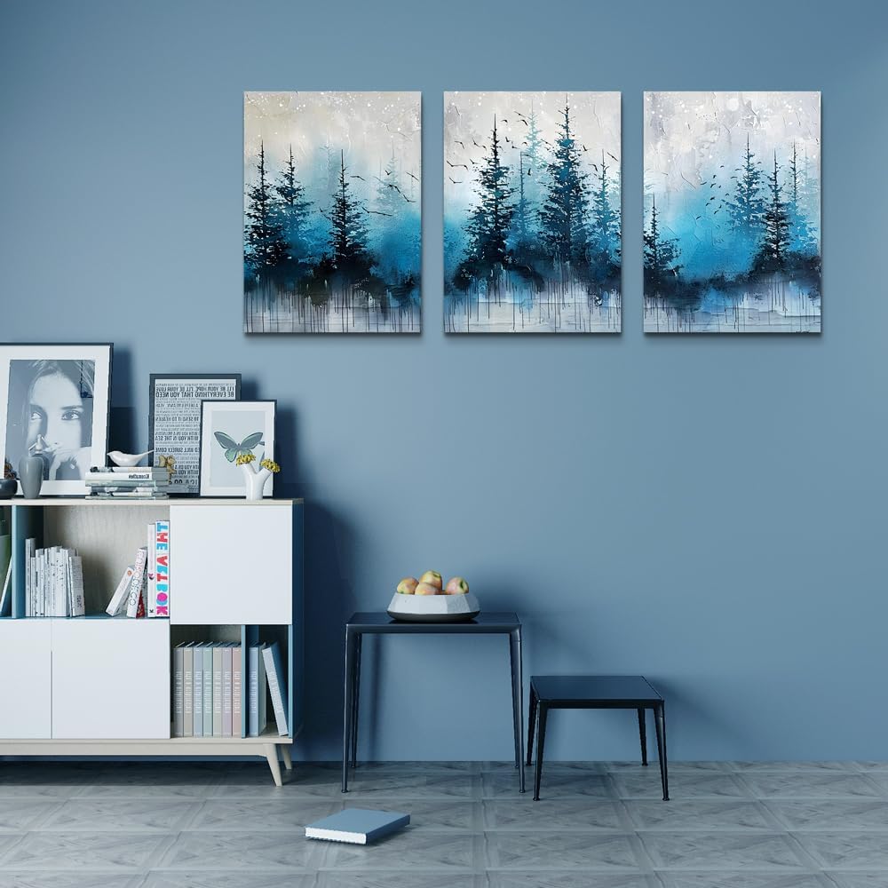 TTHYUEWS Large Canvas Wall Decor for Living Room - Boho Art for Bedroom Forest Landscape Abstract Pictures - Tree Blue Painting Artwork Office Aesthetic Decoration - Hang Easy 3 Piece