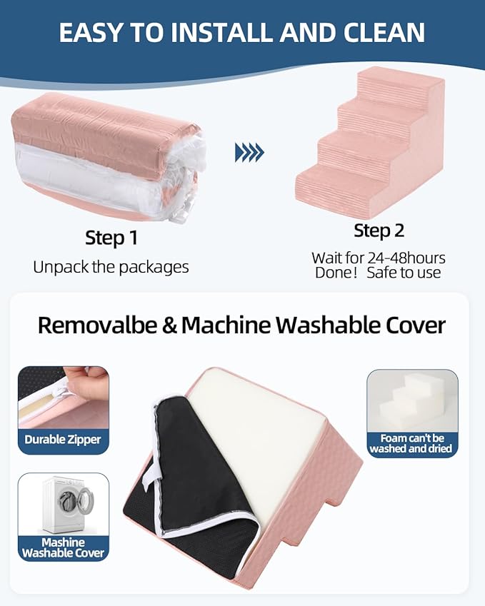Dog Stairs for Small Dogs,13" H,3-Step Dog Steps Ramp for Bed and Couch with High Density Foam,Non-Slip Pet Steps for Doggy and Cat,Pet Stairs with a Washable Cover,Pink