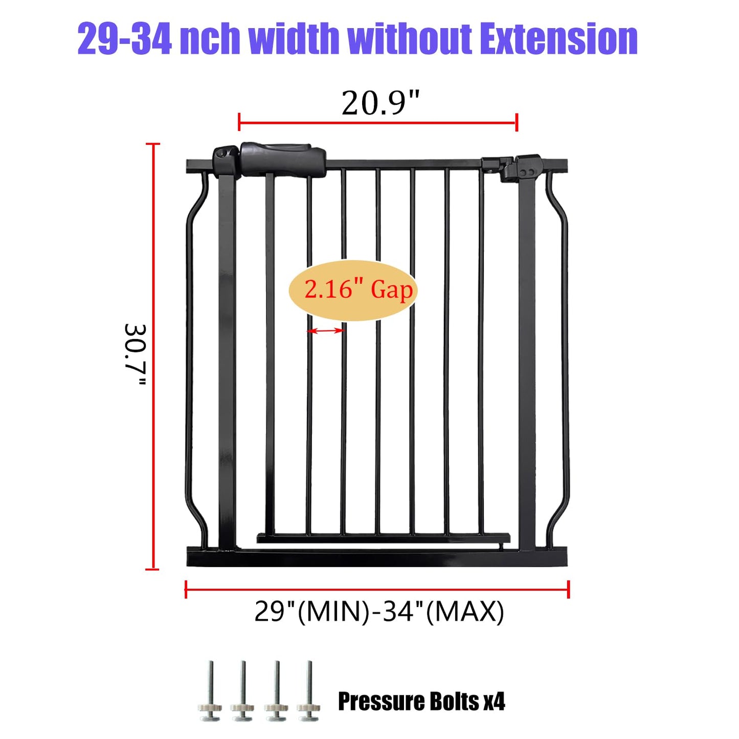 Walk Through Baby & Dog Gate 29-34 Inch, Tension Mounted No Drilling, Indoor Safety Gate for Stairs & Doorways, Metal Design for Kids and Pets, Black