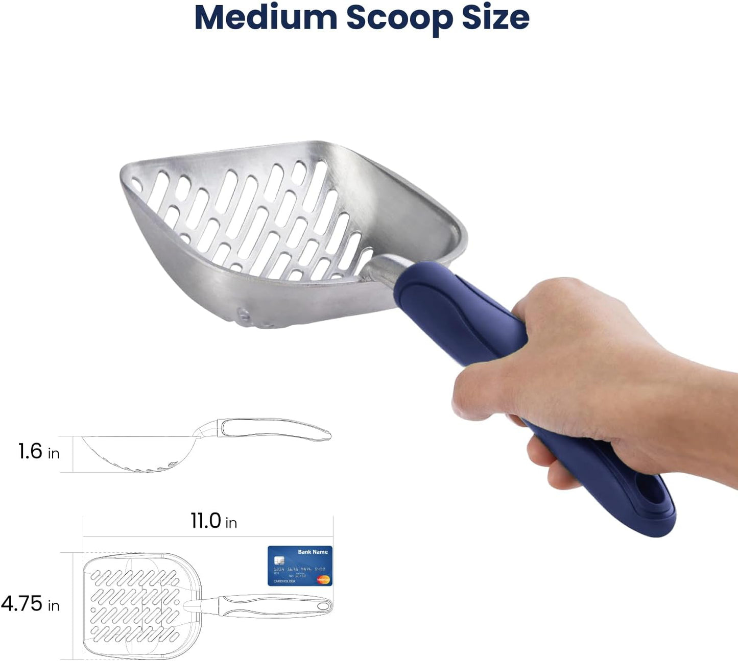 WePet Cat Litter Scoop, Aluminum Alloy Sifter, Kitty Metal Scooper, Deep Shovel with Diagonal Sifting Hole, Long Handle, Kitten Poop Lifter for Litter Box, Medium Size, Blue Handle