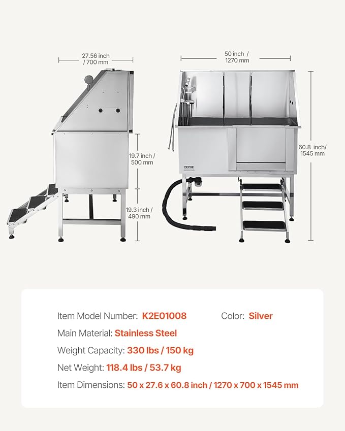 VEVOR Stainless Steel Dog Washing Station, 50 inch Pet Grooming Tub w/Stairs, PE Water Filter Board, Faucet & Showerhead & Soap Holder Dog Bathtub for Large & Medium & Small Pets (Right Door)