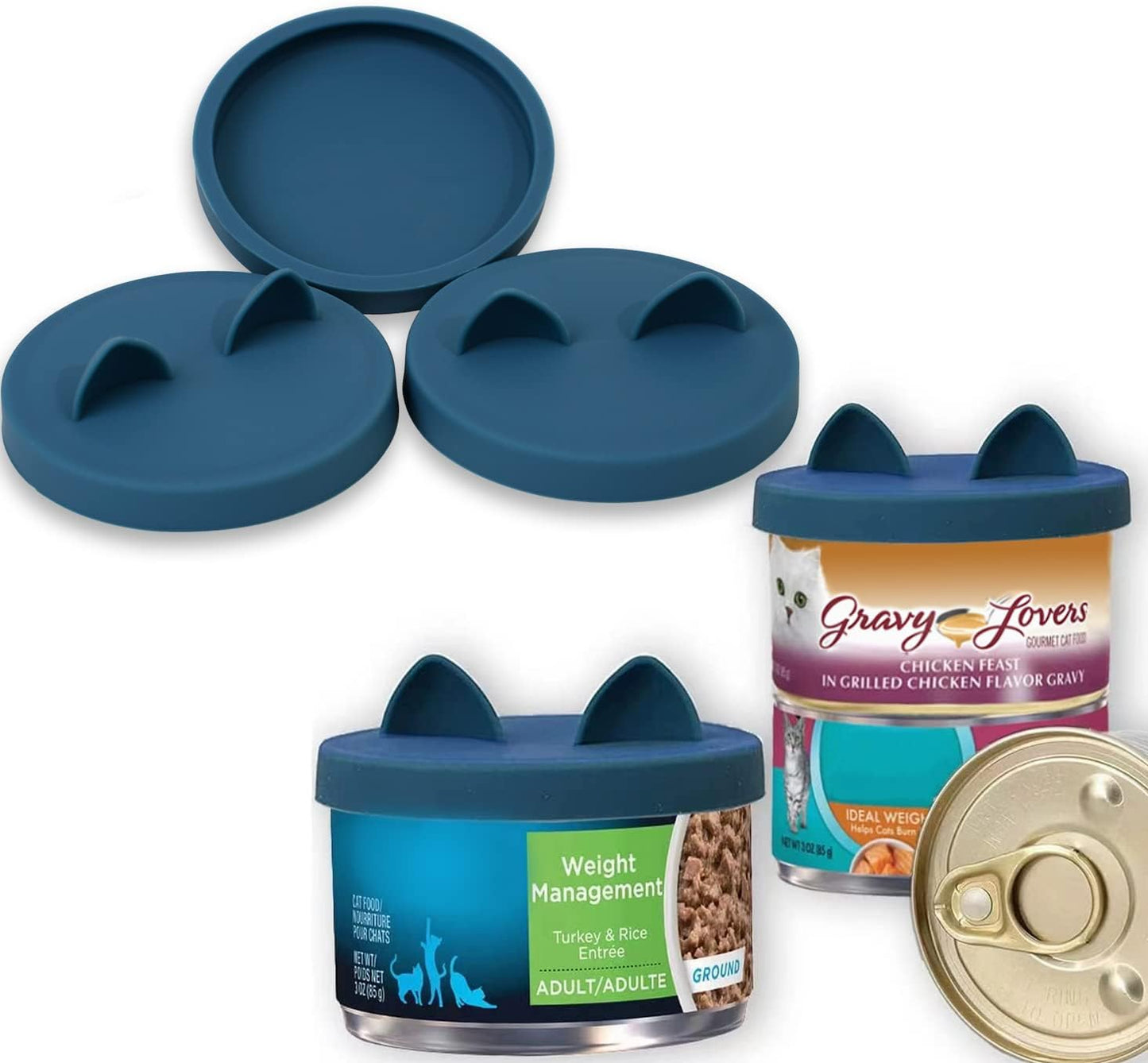 OHMO 3 Pack Small Cat Food Can Lids, Silicone Pet Food Can Lids Covers for 3 oz 2.5 oz Cat Food Cans, Dark Blue