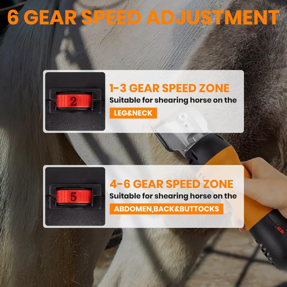 Horse Clippers Professional Electric horse Grooming Kit, Shaving Equine Clippers for Horses Goat Cattle Thick Coat Animals, 6 Speeds Large Heavy Duty Farm Livestock Haircut Trimmer （600W, 2 Blades）
