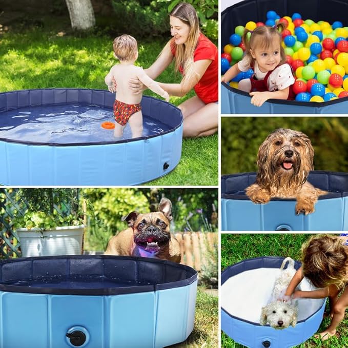 Foldable Dog Bath Swimming Pool Plastic Kiddie Pool Professional Tub Collapsible Grooming Bathtub for Pets Kids Baby and Toddler, 71 x 12 Inches Blue