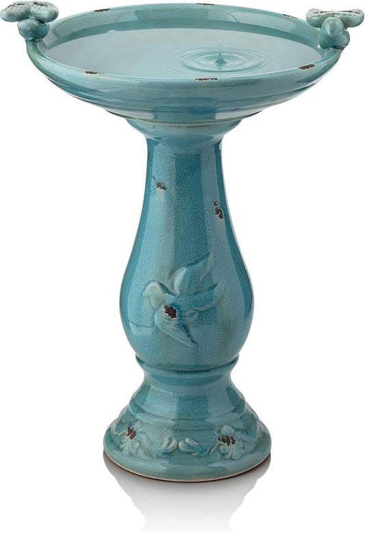 Alpine Corporation 25" Tall Outdoor Ceramic Antique Pedestal Birdbath with 2 Bird Figurines, Turquoise