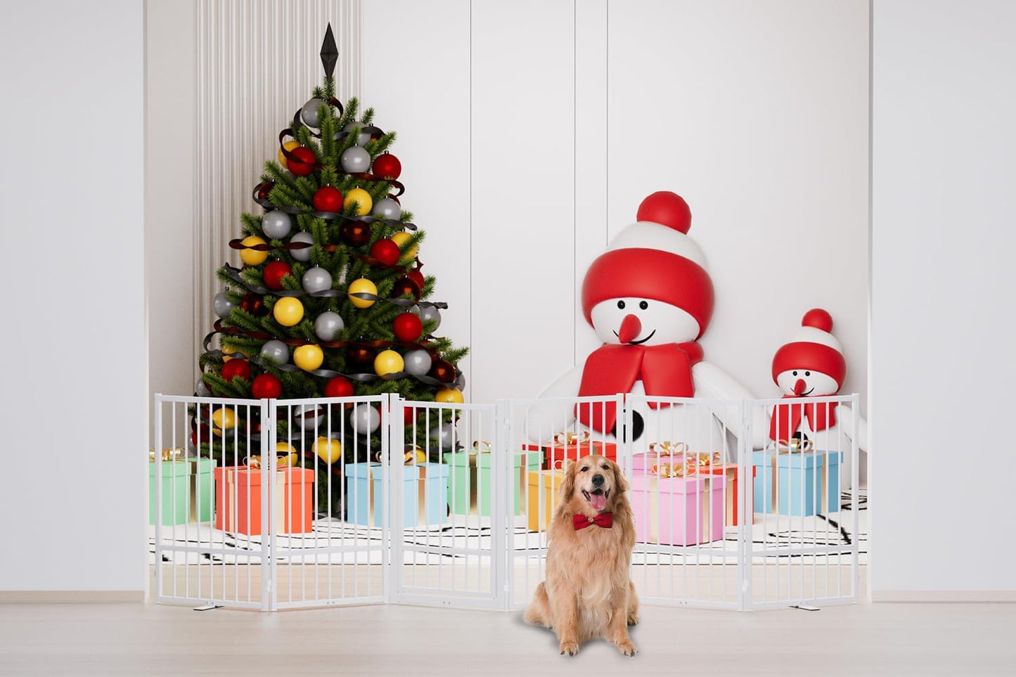 Full Metal Freestanding Dog Gate with Door, 32''Height Foldable Pet Dog Fence for Indoor & Outdoor, 6 Panels Extra Wide Free Standing TallDog Gates for Doorways,House,Stairs,Porch,Deck,Yard