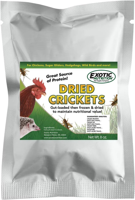 1/2 Pound Dried Crickets - High Protein Insect Treat - Chickens, Wild Birds, Hedgehogs, Bluebirds, Reptiles, Sugar Gliders, Opossums, Skunks, Lizards, Bearded Dragons, Fish, Turtles 8 oz. (1 Pack)