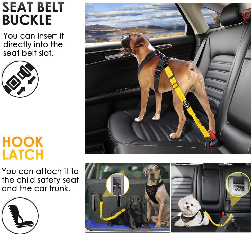 SlowTon Dog Harness, Adjustable Dog Seatbelt, 2 in 1 Latch Bar Attachment, Reflective Nylon Belt Tether, Yellow, 27.55in