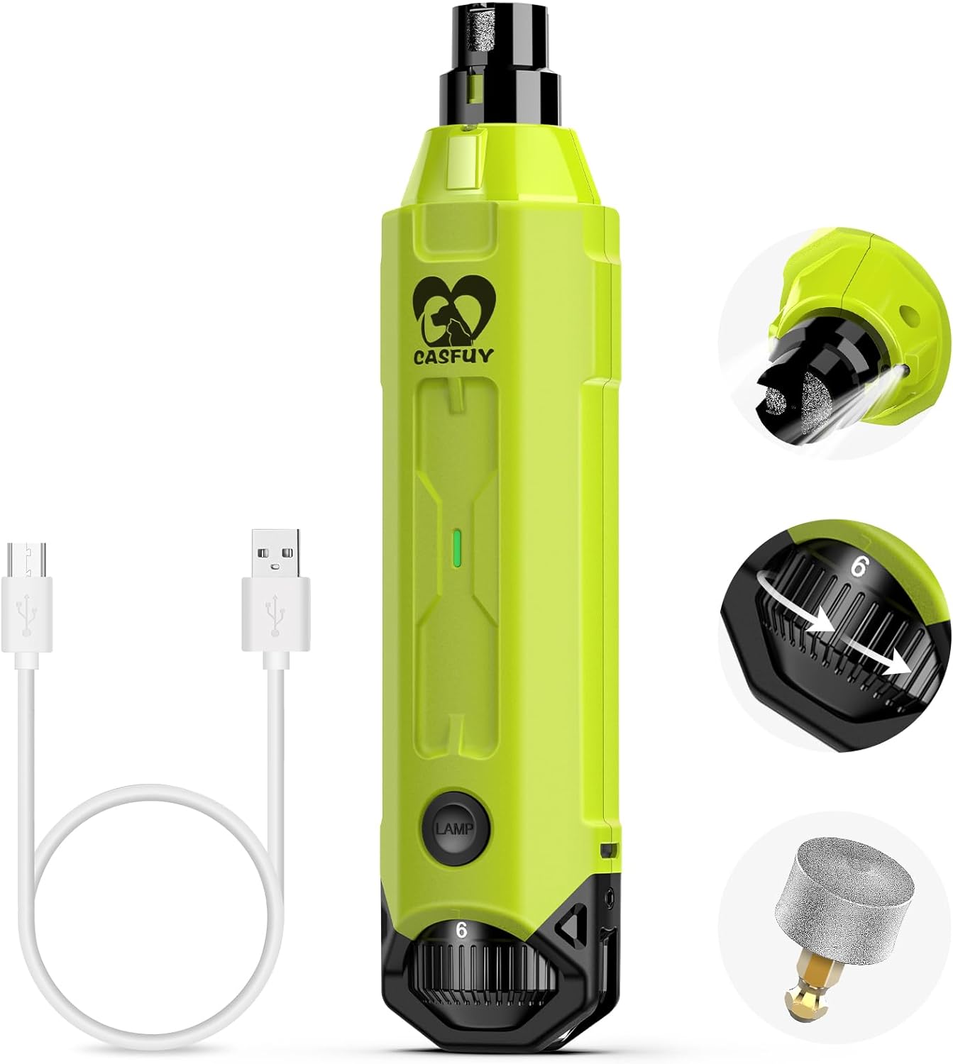 Casfuy 6-Speed Dog Nail Grinder - Newest Enhanced Pet Nail Grinder Super Quiet Rechargeable Electric Dog Nail Trimmer Painless Paws Grooming & Smoothing Tool for Large Medium Small Dogs (Green)