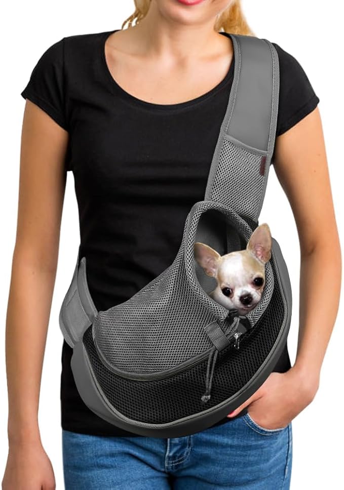 YUDODO Pet Sling Carrier for Small Dogs & Cats – Hands-Free Puppy Carrier with Safety Hook, Large Zipper Pocket, Soft Breathable Mesh, Adjustable Strap & Reflective Strip (Black 1.0 L)