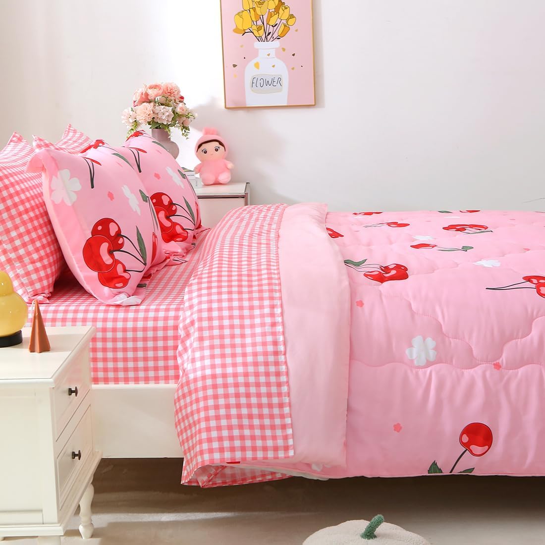 Girls Cherry Comforter Bedding Set Queen Size 7 Piece Pink Kawaii Oriental Cherry Comforter Set Bed in A Bag for Kids Teens All Season (Comforter,Flat Sheet,Fitted Sheet and Pillow Sham)
