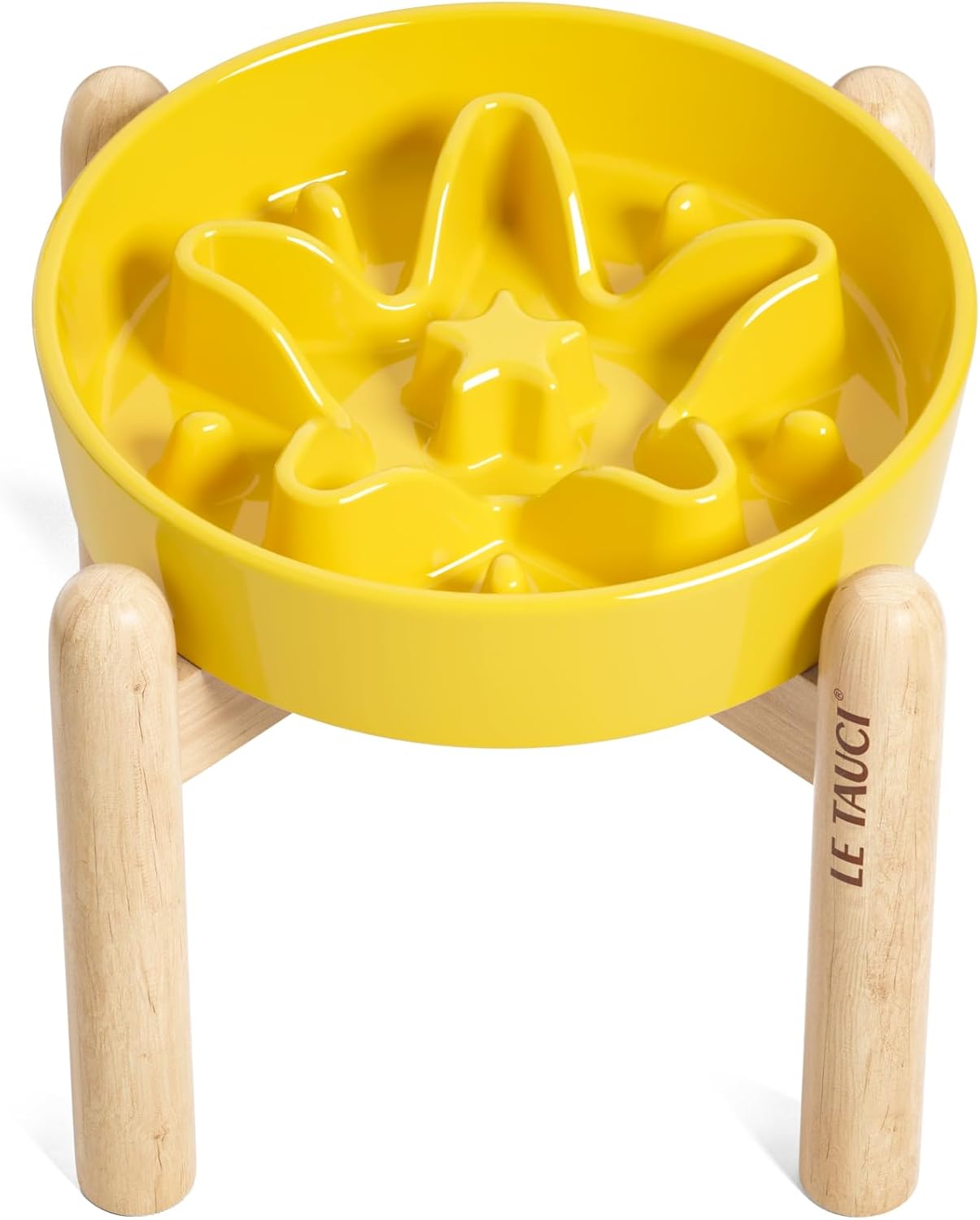 LE TAUCI Ceramic Slow Feeder Dog Bowls Elevated, 3 Cup Raised Bowl with Wooden Stand for Medium Large Breed, Slow Down Eating, Puzzle Dog Food Bowl, Star Yellow