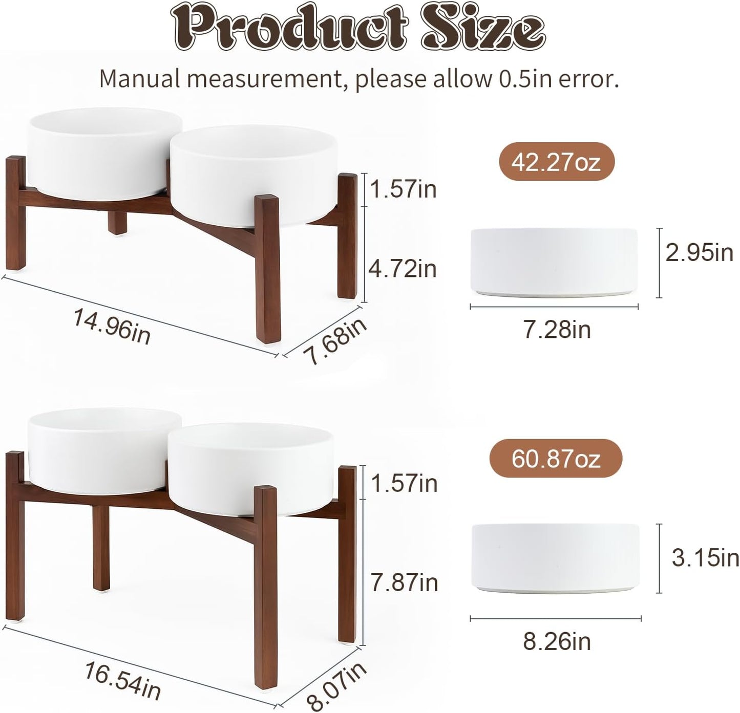 SPUNKYJUNKY Raised Ceramic Dog Bowls Set with Non-Slip Acacia Wood Stand for Medium Sized Dog(42.27 OZ, White)