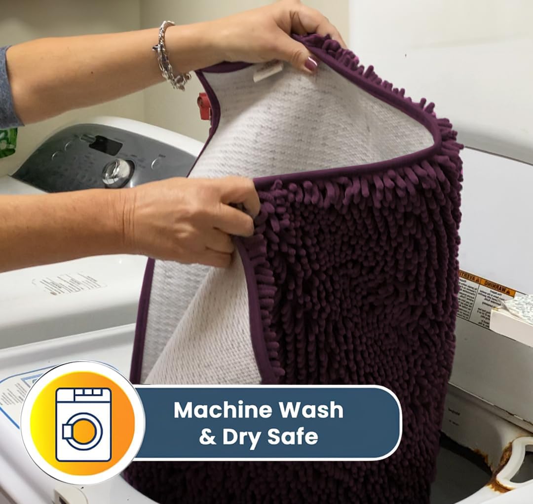 Muddy Mat® AS-SEEN-ON-TV Highly Absorbent Microfiber Door Mat and Pet Rug, Non Slip Thick Washable Area and Bath Mat Soft Chenille for Kitchen Bedroom Indoor and Outdoor - Dark Purple 24" x 120"