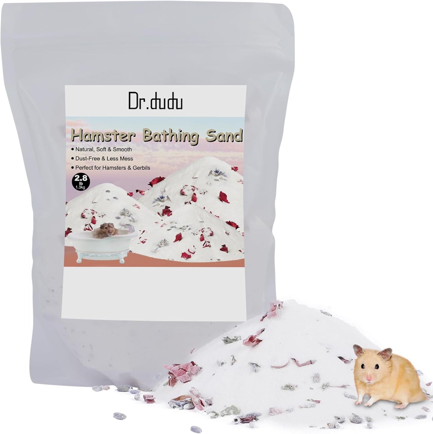 DR.DUDU Hamster Bath Sand, 2.8lb Dust Free Desert Sand or Potty Litter Sand for Hamster Chinchillas Gerbil Syrian Mice Small Animals (White, Flower Smell)