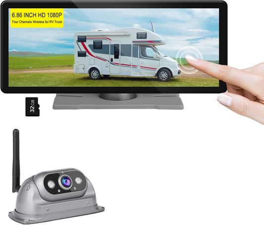 RV Wireless Backup Cameras with Monitor 6.86 Inch Touchscreen Built in DVR Video Recording for Truck RV Trailer Rear Side Wide View Back Up Camera Wireless Transmit Image Avoid Blind IP69K Waterproof