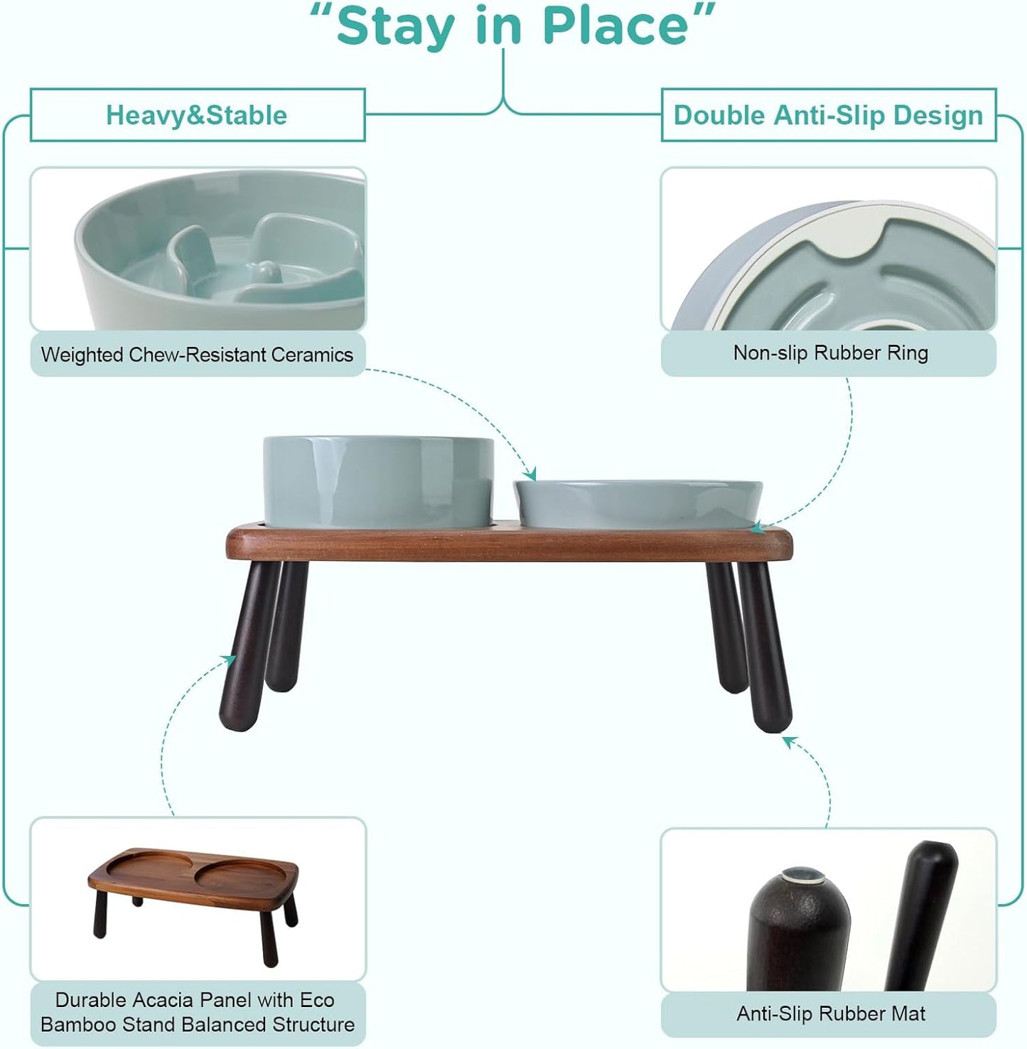 SPUNKYJUNKY Ceramic Elevated Dog Bowls with Slow Feeder Raised with Acacia Bamboo Wooden Stand, 6.1'' Dog and Cat Food Water Bowls Set Non-Slip for Small Medium Sized Breed - Light Green