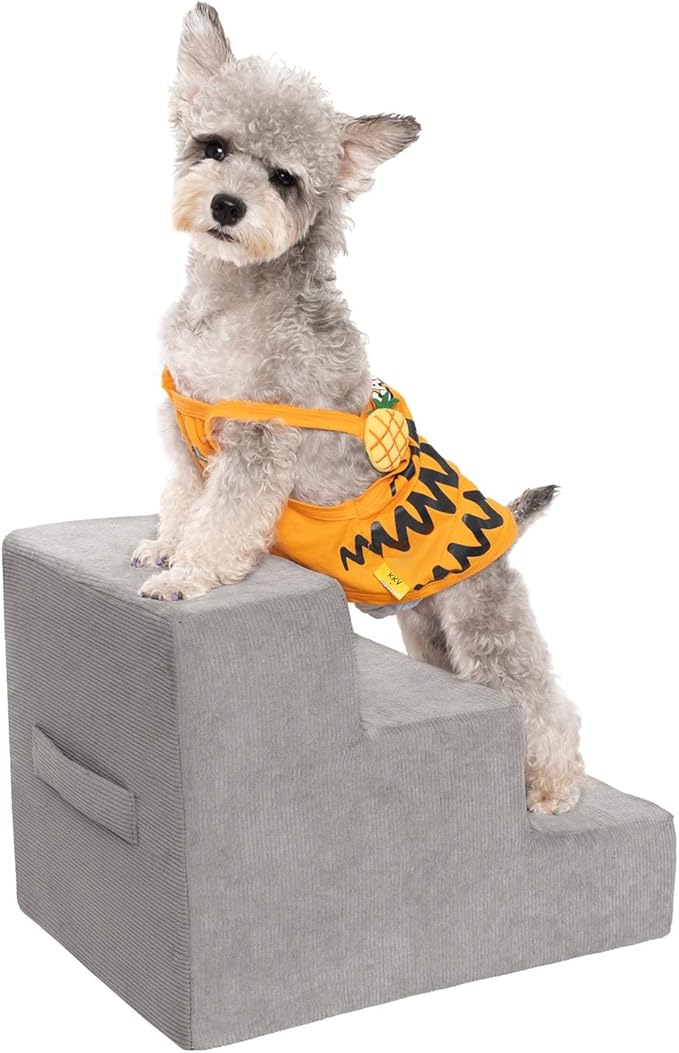 MEWANG Dog Stairs for Small & Medium Dogs and Old Cats –3/4/ 5 Steps High-Density Foam Pet Ramp for Bed & Couch, Non-Slip, Washable Cover, Grey (Square Corner, 3 Steps: 17.95''×14.96''×13.70'', 2)