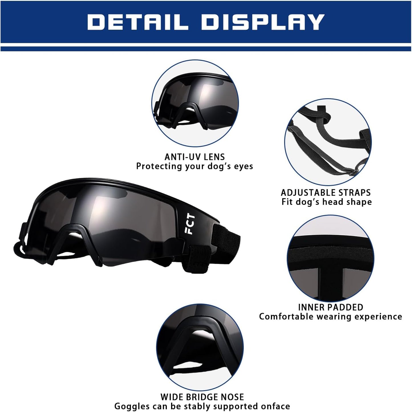 Dog Goggles for Small to Medium Breed, Dog Sunglasses UV Protection, Windproof & Anti-Fog, Puppy Sunglasses with Padded Frame and Adjustable Straps for Outdoor Riding, Driving（Black）