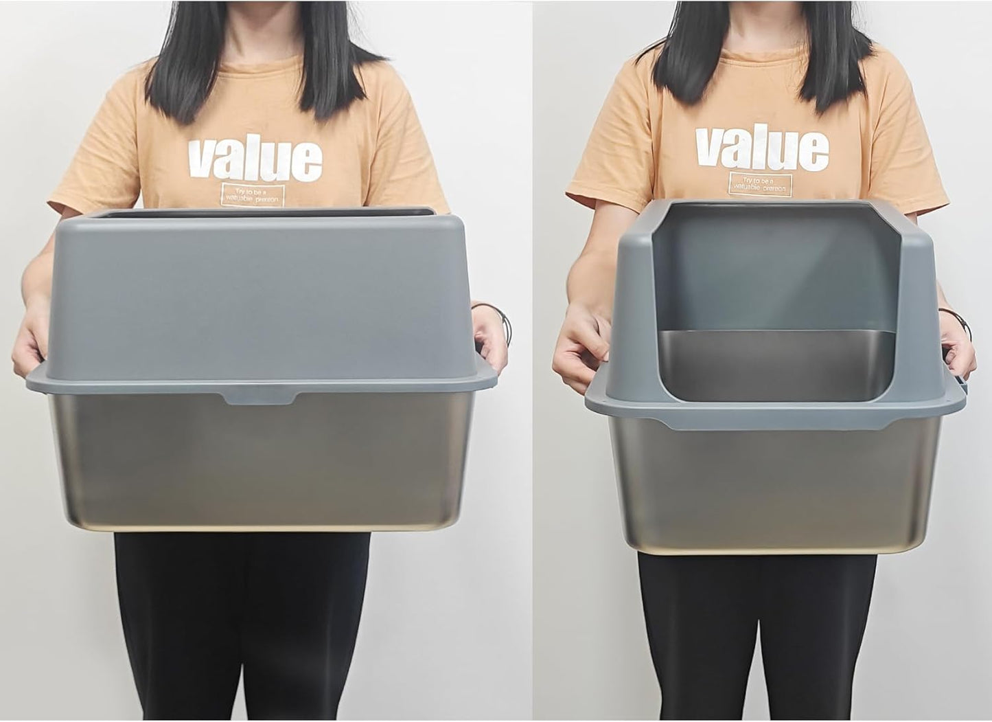 Litter Box with Lid, Stainless Steel Litter Box, 12" Metal Litter Pan High Sides, Small Litter Tray for Kittens, Cat Litter Tray Covered Grey, Easy Clean