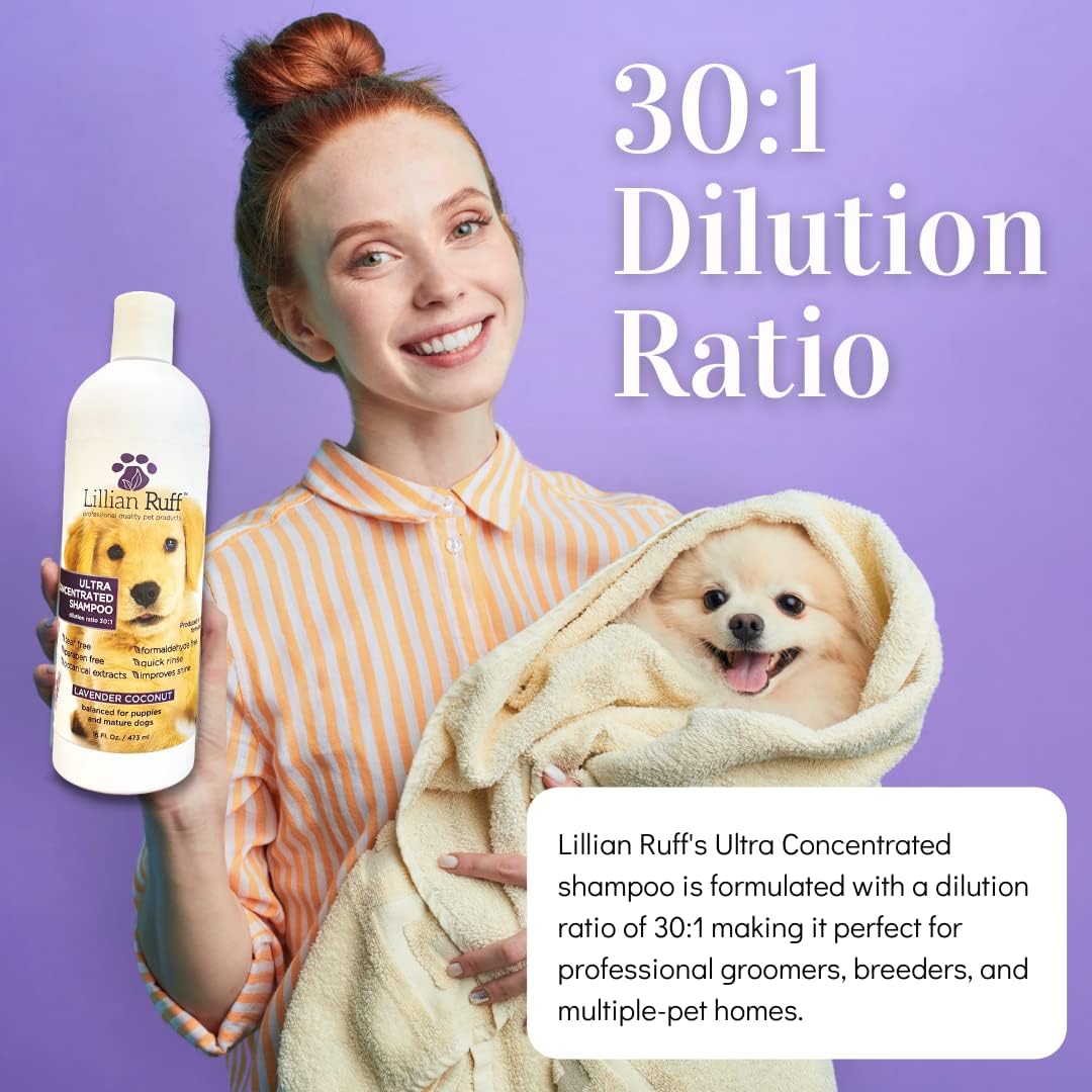 Lillian Ruff High Concentrate Professional Grooming Shampoo for Dogs with Hydrating Essential Oils – 30:1 Concentration for Bathing System - Clean, Condition, & Deodorize Dry, Sensitive Skin W/Brush