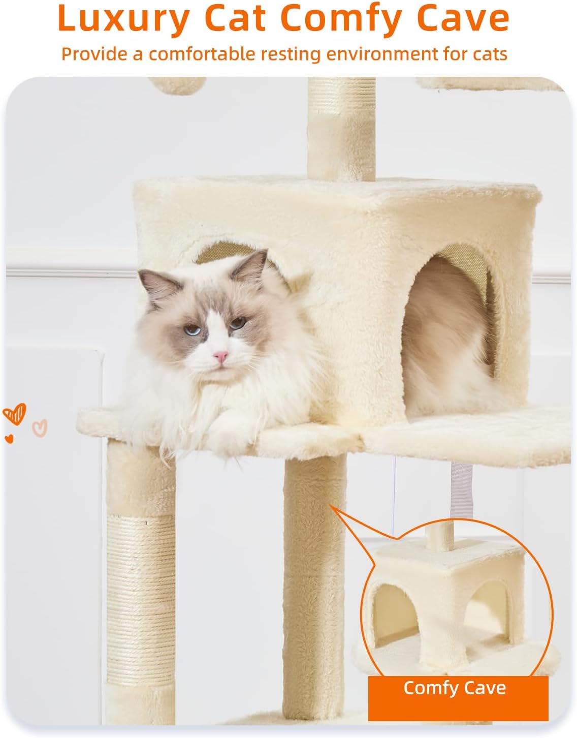 Taoqimiao Cat Tree, 68-Inch Cat Tree Cat Tower for Indoor Cats, Plush Multi-Level Cat Condo with 6 Scratching Posts, 2 Perches, 2 Caves,Hammock, 3 Pompoms,MS020SM Beige