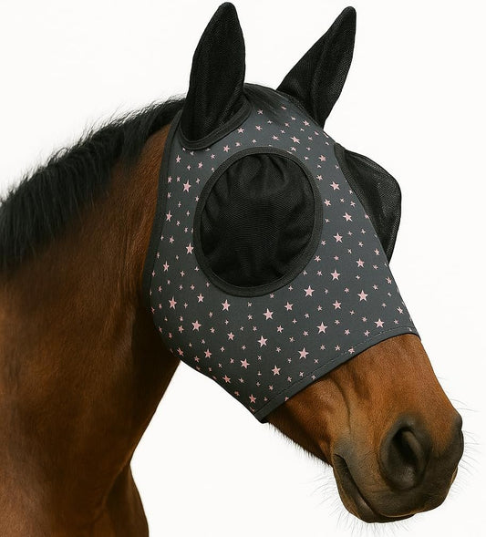 Horse Fly Mask - Durable Equine Fly Mask with Full Coverage for Eye & Ear - Stretchable, UV & Sun Protection Flymask for Horses, Ponies & Mini Horses - Horse Face Cover for Pasture & Trail - Stars