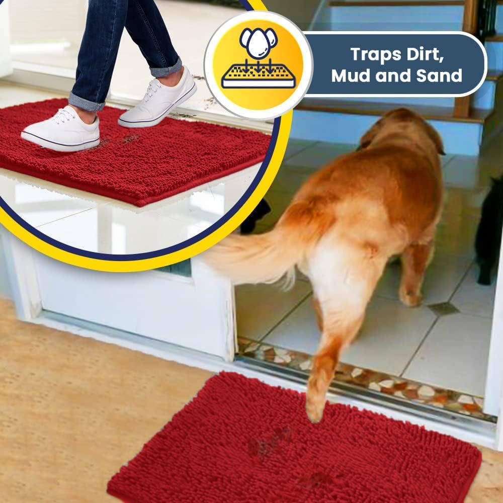 Muddy Mat® Shown on TV – Super Absorbent Microfiber Dog Door Mat for Muddy Paws, Non-Slip Washable Pet Rug, Quick Dry Chenille Entryway Carpet, Machine Washable Indoor Outdoor mat, Red 28"x18"