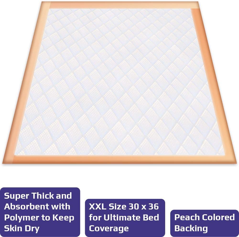 Ultra Absorbency Disposable Underpads Extra Thick 100 Grams Fluff with Polymer XL Size 30 X 36, Peach, 50Count
