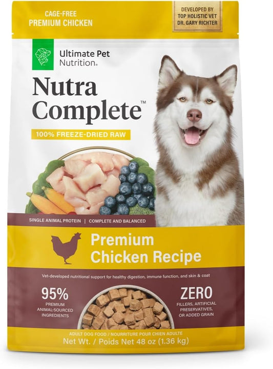 ULTIMATE PET NUTRITION Nutra Complete Freeze Dried Raw Dog Food, Veterinarian Formulated with Antioxidants, Prebiotics & Amino Acids (3 Pound, Chicken)