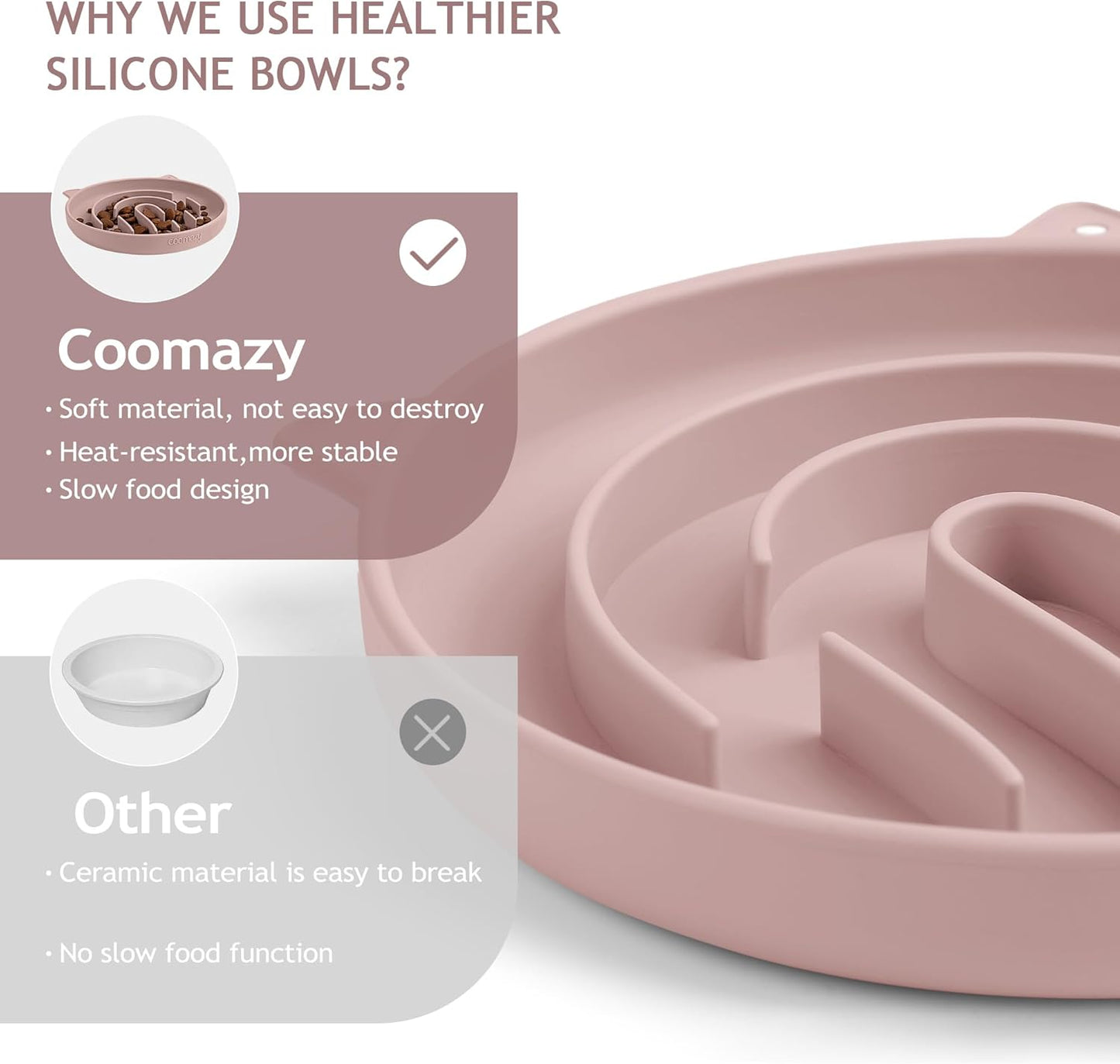 Coomazy Silicone Slow Feeder Dog Cat Bowls, Interactive Puzzle Toy for Pets Food Training, Keeps Dogs Cats Busy, Prevents Puppy Kitty Overeating (Dusty Pink, 1.4Cup)