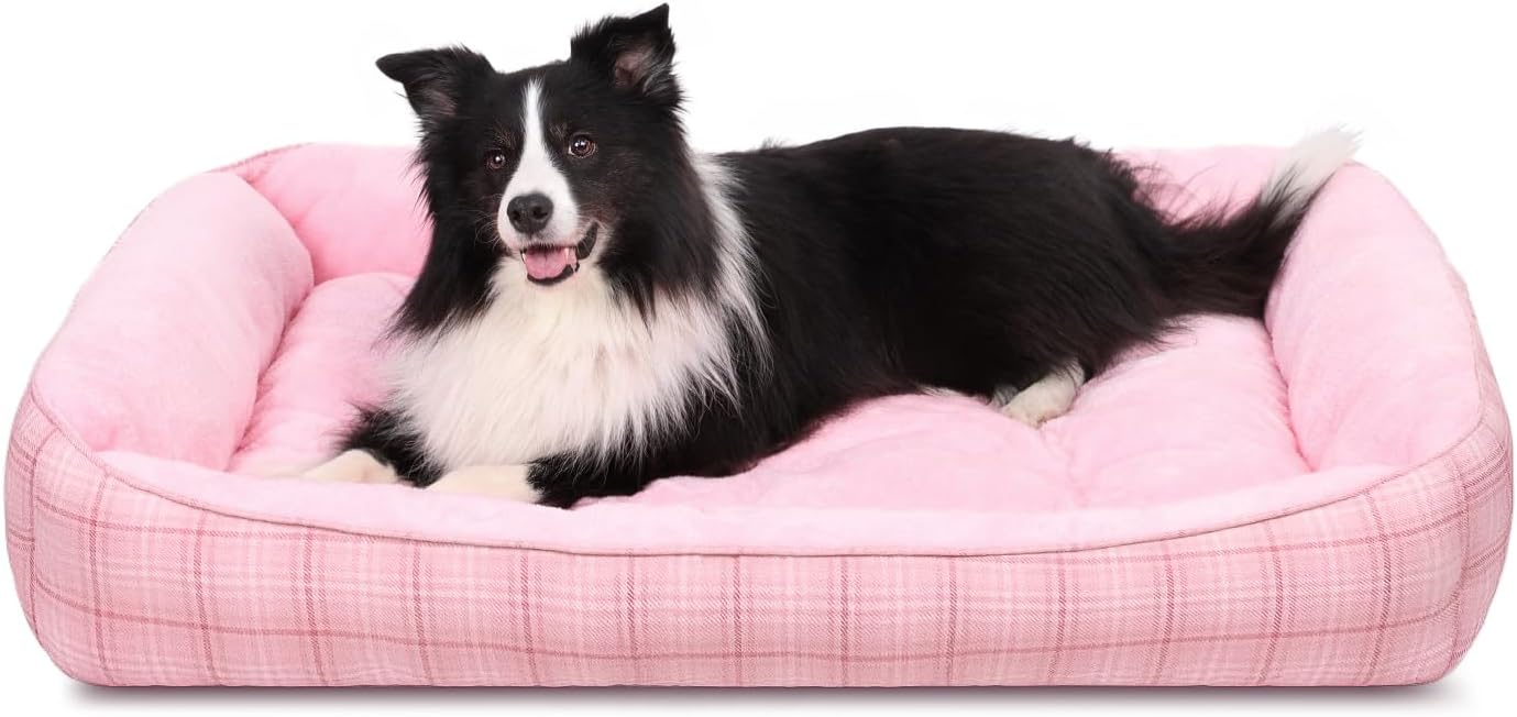 MIHIKK Rectangle Dog Beds for Large Dogs & Cats, Orthopedic Sleeping Pet Bed for Couch with Durable Puppy Cuddler and Anti-Slip Bottom Machine Washable 34 * 24 Inch (Pink)