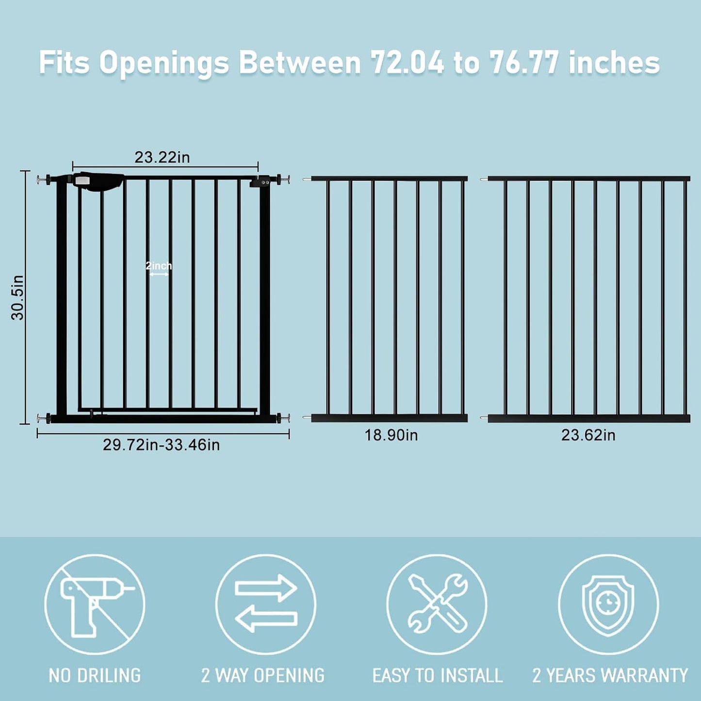 WAOWAO Triple Lock Baby Gate Extra Wide 72.04-76.77" Pressure Mounted Walk Through Swing Auto Close Safety Black Metal Dog Pet Puppy Cat for Stairs,Doorways,Kitchen