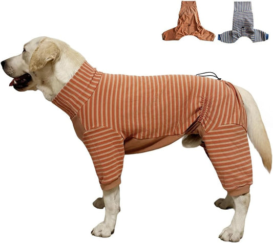 Dog Pyjamas PJS Sweater Clothes and Home Clothing Suitable for Small to Medium Breeds of Dogs, Dog Neutering Suits, Extra-Large Stretch Fabric, Four-Legged (Thickened Orange Stripes, L)