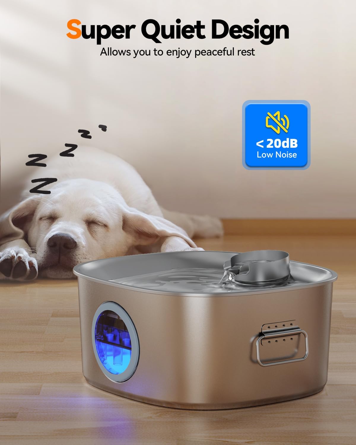 Dog Water Fountain Stainless Steel, 11L/2.8Gal Large Pet Fountain for Large Dogs Inside, Dog Fountain Water Bowl Dispenser with Visible Window & LED, Ultra Quiet for Multi-Pet (Filters)