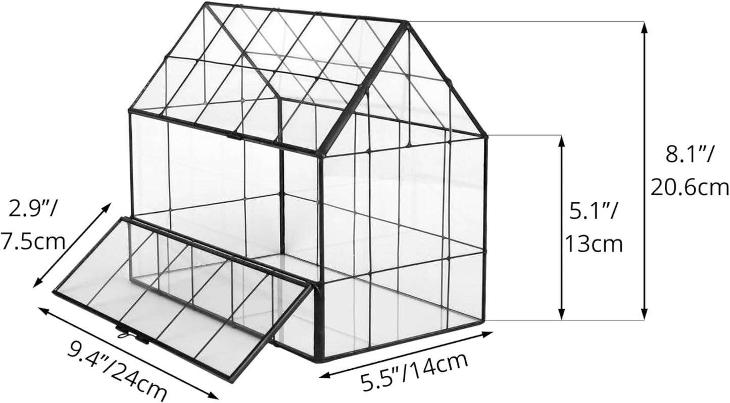 NCYP Geometric Glass Terrarium with Front Opening Door, House Shape Closed Micro Landscape Planter Box for Small Succulent, Cacti - Home Indoor Tabletop Decor, Handmade, Black (No Plants)