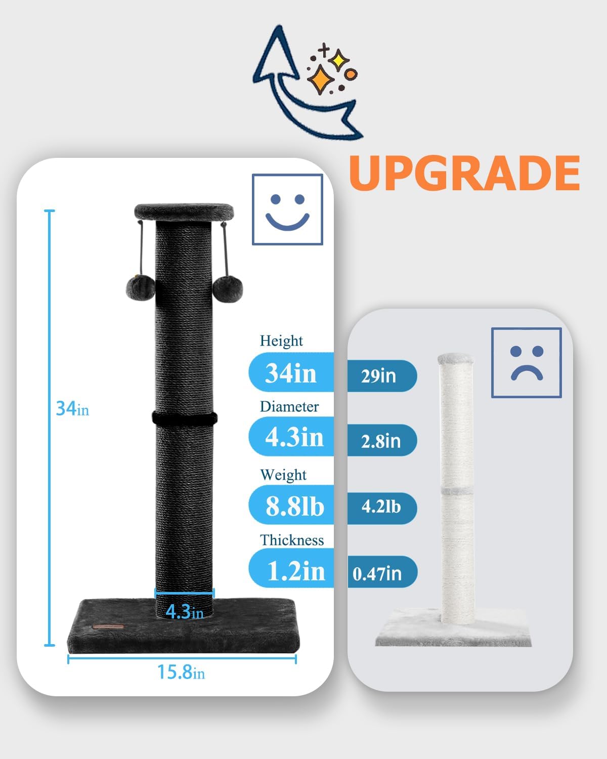 Kilodor 34Inch Tall Cat Scratching Post,4.3Inch Diameter Large Sisal Cat Scratch Post with Ball, Sturdy and Durable Cat Scratcher for Indoor Cats Adults Black