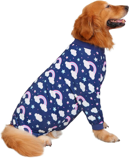 HDE Dog Pajamas One Piece Jammies Jumpsuit Pet Clothes Outfit Stretchy Lightweight Comfy Shirt Pjs for M-3XL Dogs Rainbows - L