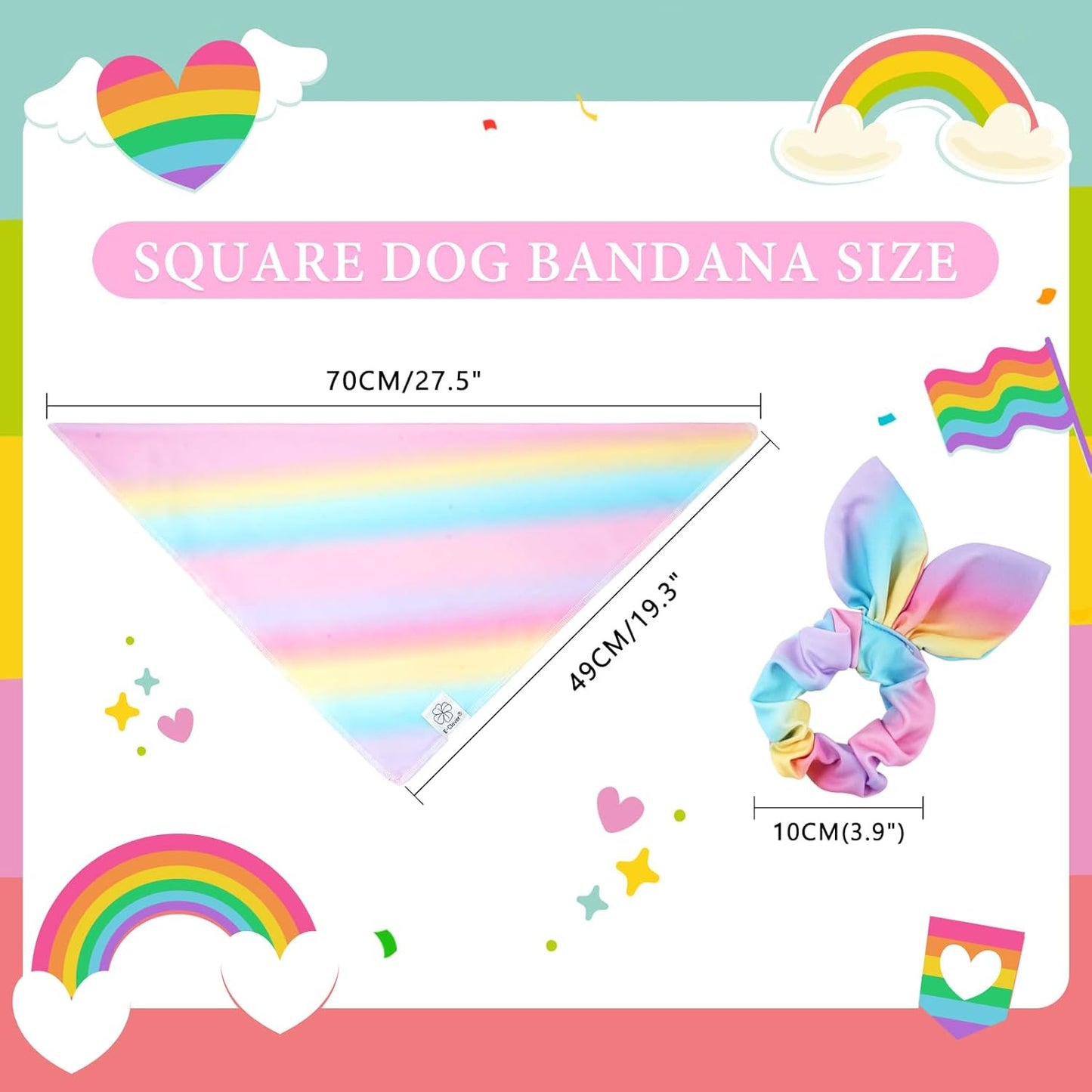 E-Clover Rainbow Dog Bandana & Matching Scrunchie Pink Purple Yellow Pet Dog Scarf Cute Dog Costumes Accessories for Small Medium Large Dogs