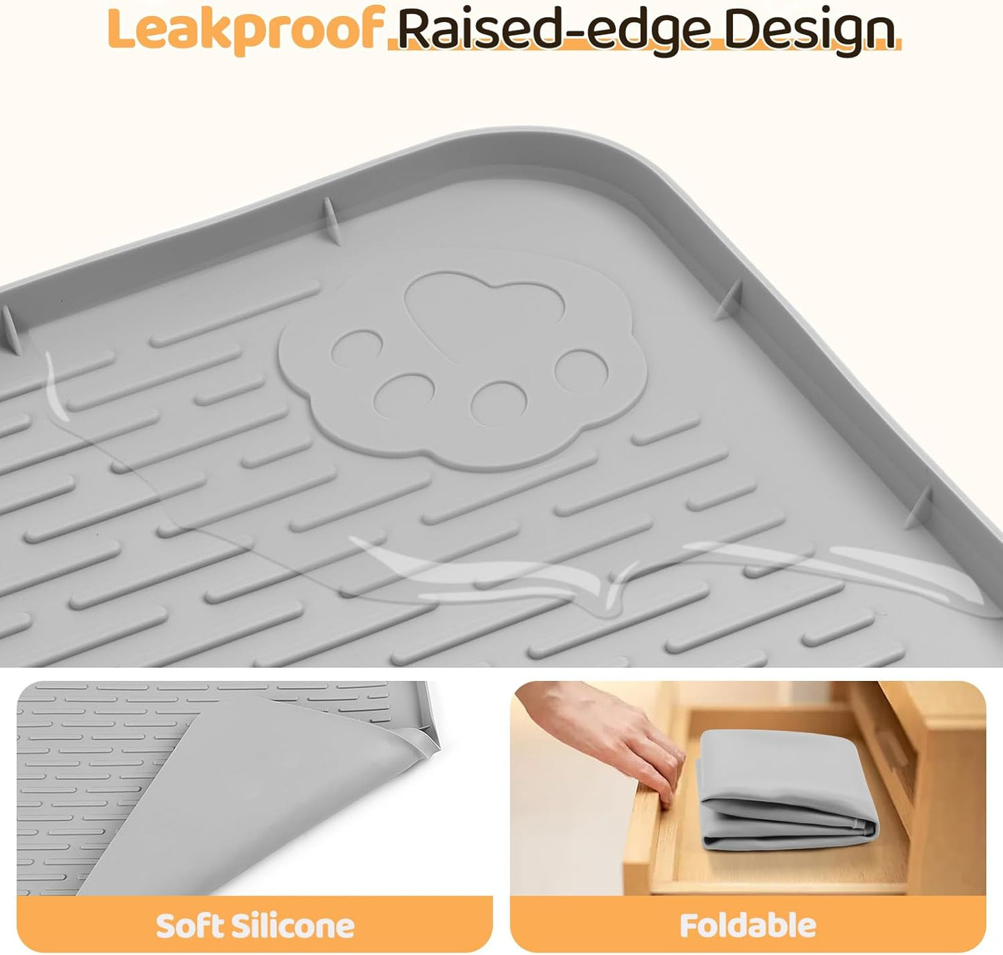 Dog Food Mat, Extra Large 40" x 28" Silicone Pet Feeding Mat for Small, Medium, and Large Pets Non-Slip, Easy to Clean, Gray