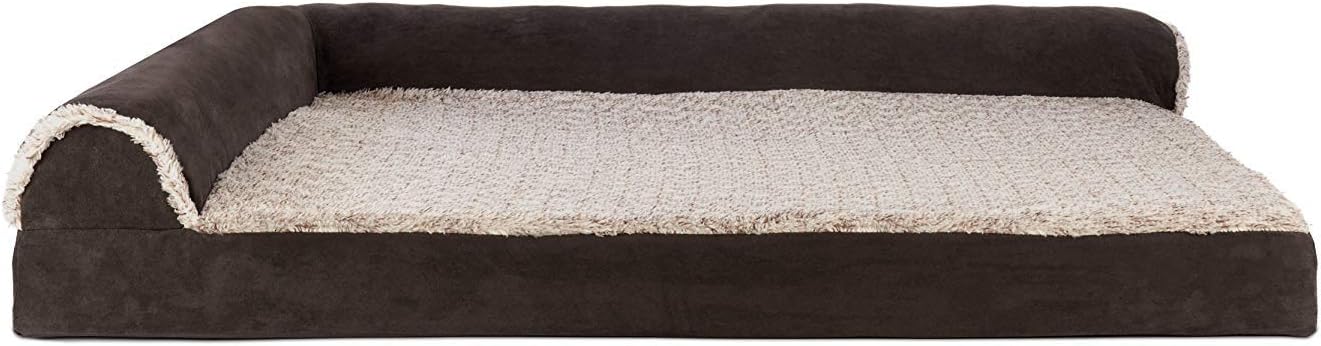 Furhaven Cooling Gel Dog Bed for Large Dogs w/ Removable Bolsters & Washable Cover, For Dogs Up to 95 lbs -Two-Tone Plush Faux Fur & Suede L Shaped Chaise- Espresso, Jumbo/XL, 40.0"L x 32.0"W x 8.0"Th