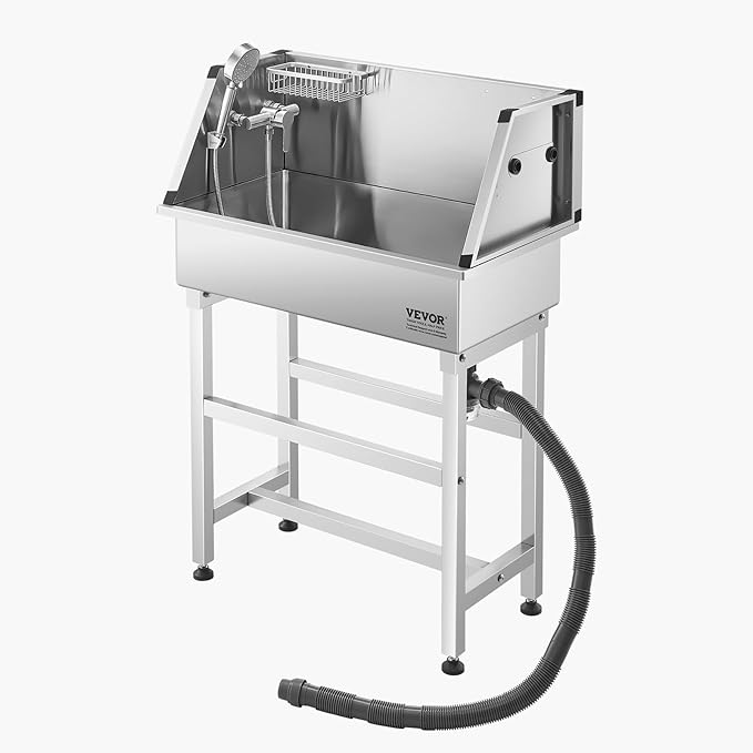 VEVOR Stainless Steel Dog Washing Station, 34 inch Pet Grooming Tub w/Faucet & Showerhead & Soap Holder & Play Balls Simple Dog Bathtub for Multiple Pets, Home Washing Sink