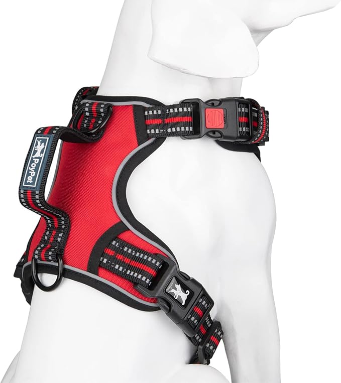 PoyPet No Pull Dog Harness, No Choke Front Clip Reflective Dog Vest with Soft Padded Vertical Handle, 3 Leash Attachments for Small Medium Large Dogs (Red,S)