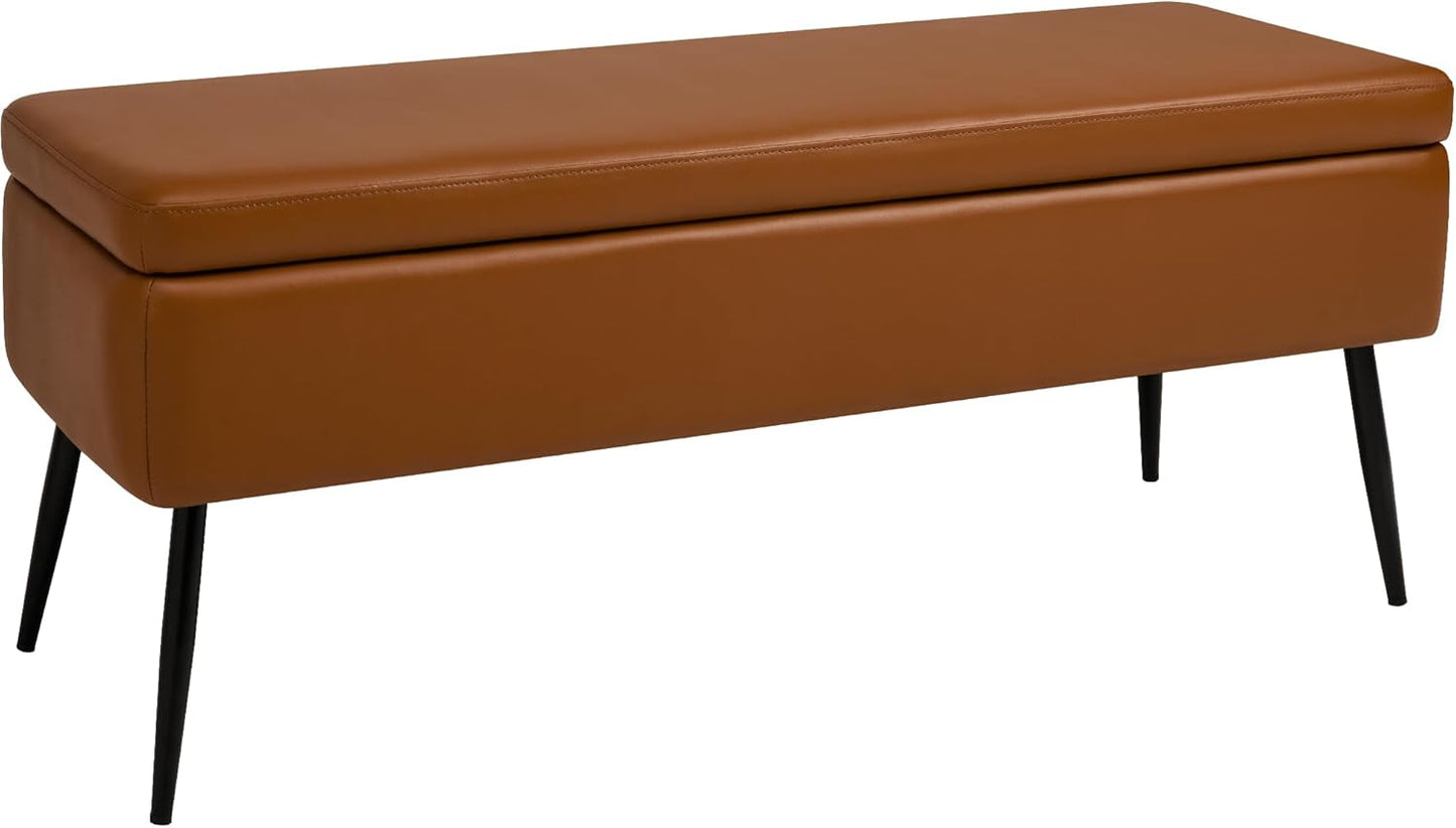 Leather Storage Ottoman Bench,End of Bed Bench for Living Room Bedroom Dinning Room Entryway,Mid-Century Modern,Faux Leather,with Steel Legs,Safety Hinges,Loads 660 lb (Without Button, Brown)