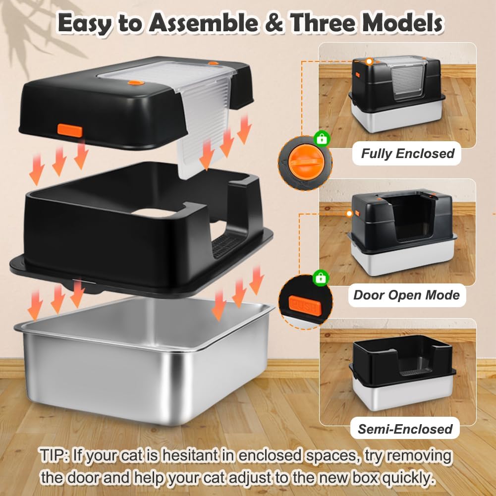 Vivifying Stainless Steel Litter Box, XL Side Entry Extra Large Litter Box with Lid for Big Cats & Kitty, Removable Enclosed Metal Cat Pan with High Sided Enclosure, Scoop, Mat, Footboard (Black)