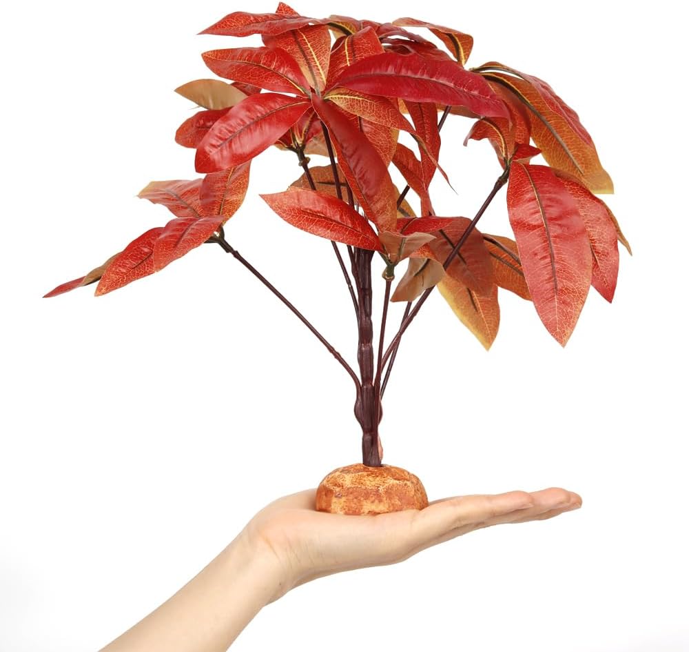 Fake Red Money Tree Plant, Reptile Decor for Terrarium, Crested Gecko Tank Accessories fit Leopard Gecko Bearded Dragon Lizard Chameleon Snake Tortoise