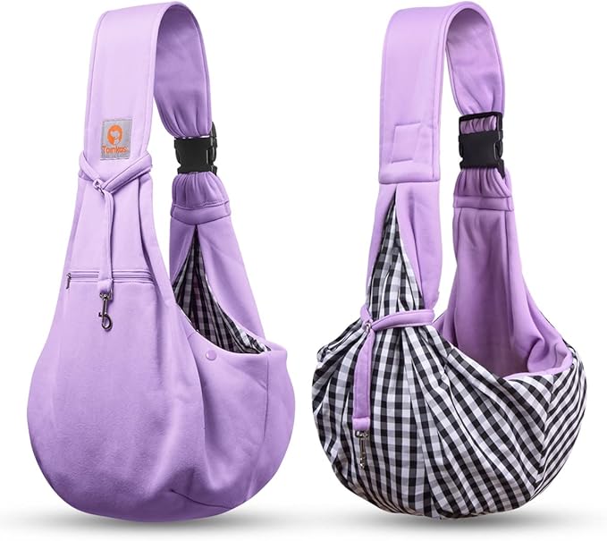 Tomkas Small Dog Sling Carrier - Zipper Pocket & Adjustable Strap - for 3-10 lbs Pets(Light Purple)